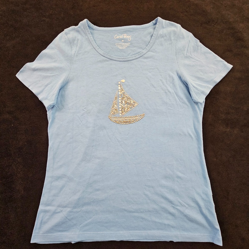 Coral Bay Studded Boat Blue Short Sleeve Cotton Blend T-Shirt Women's M